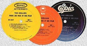 US Epic LP labels: original yellow and reissue '70s orange and '80s blue labels